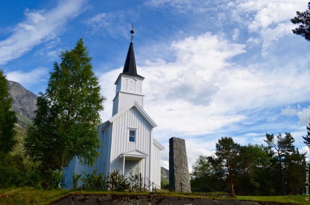 Little white Norwegian church in the Skjomen valley